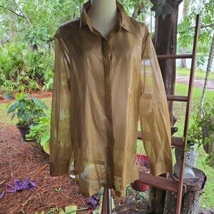 Josephine Chaus Silk Blend Sheer Relaxed Fit Metallic Gold Button Front Shirt